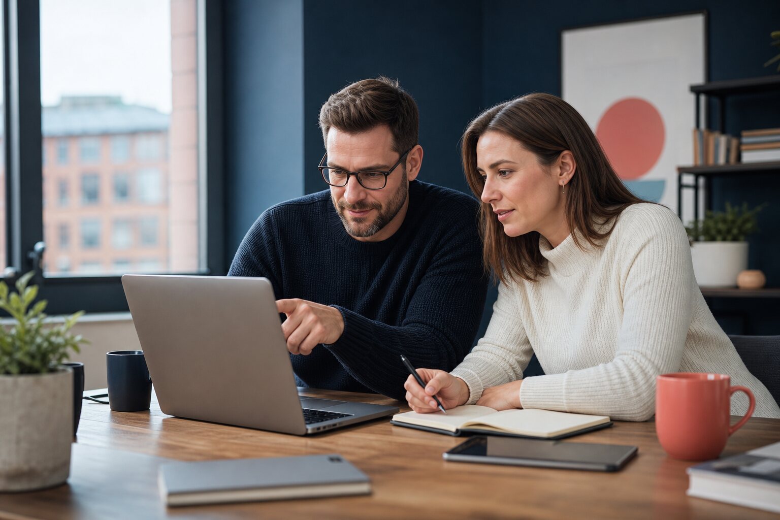 Two business owners discussing a new opportunity alert