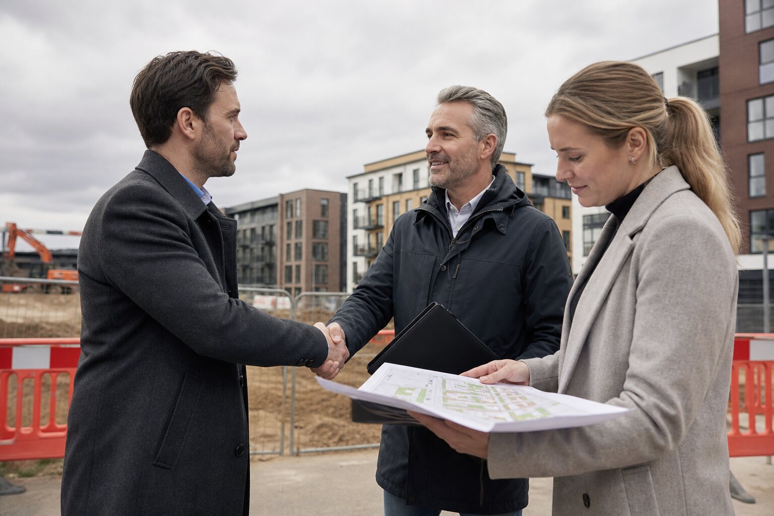 A supplier meeting a developer beside an approved project site